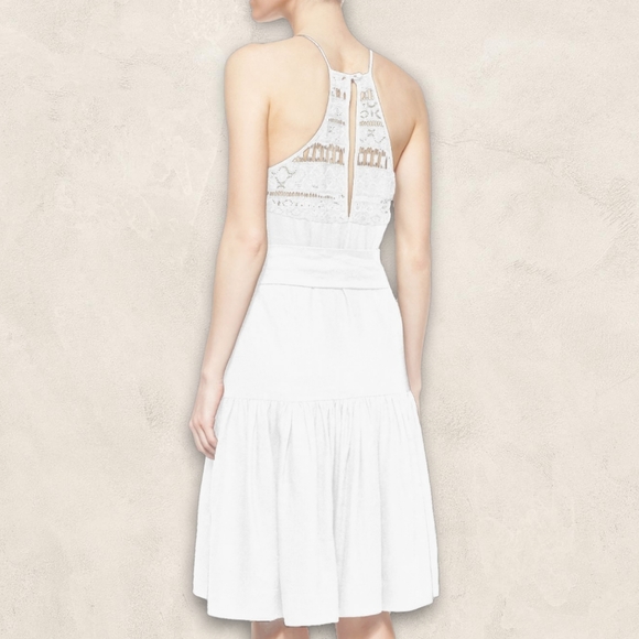Milly NY Linen Blend Halter Tumbled Zoe  Crochet Lace White Poplin Sundress - Picture 2 of 16